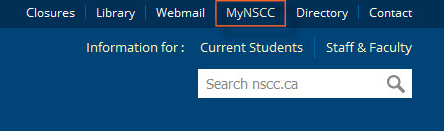 Top menu bar of the NSCC website, with the MyNSCC link highlighted. It is at the top right of all the pages.